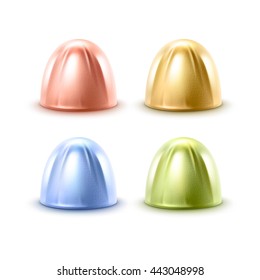 Vector Set of Realistic Chocolate Candies in Golden Green Blue Pink Glossy Foil Wrapper Close up Isolated on White Background