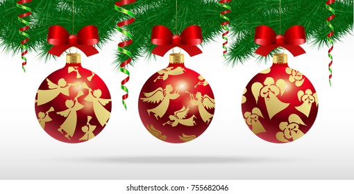 Vector set of realistic Christmas tree balls with a pattern of golden angels with silk bows and carnival serpentine on a background of green spruce branches.