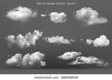 Vector set of realistic cloud isolated  on  gray background. Set of transparent different clouds use for design background. Vector illustration EPS 10
