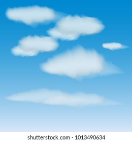 vector set of realistic clouds on a blue sky background. varying degrees of transparency