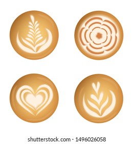 Vector set with realistic coffee latte art top view: tulips, hearts, flowers