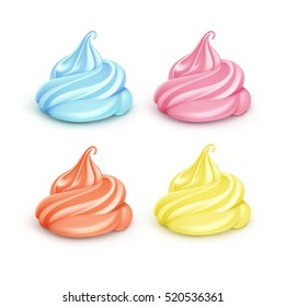 Vector Set of Realistic Colored Blue Pink Yellow Orange Whipped Cream for Dessert Cupcakes Soft Served Ice Cream Close up Isolated on Background