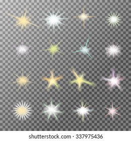 Vector set of realistic colored glowing light bursts with sparkles on transparent background. Gradient star, lightning flare. Magic, bright, natural effects. Abstract texture for design and business