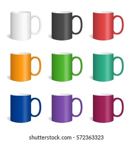 Vector set of realistic colored mugs. Isolated cups with shadow on white background.
