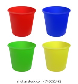 Vector set of realistic colored plastic buckets. Isolated white background. A bucketful for washing food, water and drink. Household chores pail