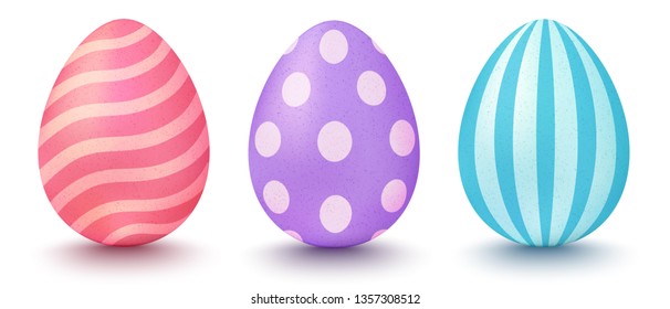 Vector set realistic colorful eggs for easter. Vector colorful eggs with patterns on isolated background. 3d Easter's eggs.