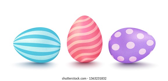 Vector set realistic colorful eggs for easter. Vector colorful eggs with patterns on isolated background. 3d Easter's eggs.
