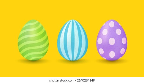 El vector puso huevos realistas y coloridos para la Pascua. Huevos coloridos con motivos en el fondo amarillo. Huevos vectores 3d de Pascua.