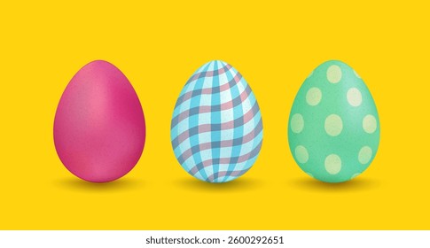 Vector set realistic colorful eggs for Easter. Colorful eggs with patterns on yellow background. Vector 3d Easter's eggs.