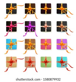 Vector set of realistic colorful gift boxes with bows and ribbons. Collection of gift presents with heart pattern view top.