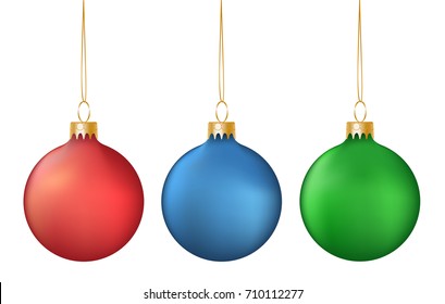 Vector set of realistic colorful hanging christmas balls isolated on white background
