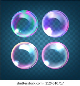 Vector set of realistic colorful soap or shampoo bubbles different forms with rainbow reflection illustration isolated on transparent background