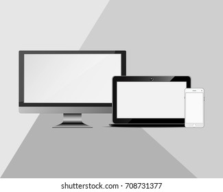 Vector Set of realistic computer monitors and mobile phones on gray background