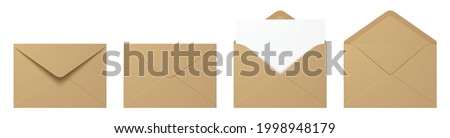 Vector set of realistic craft paper envelopes in different positions. Folded and unfolded envelope mockup isolated on a white background.