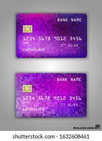 Vector set Realistic credit bank card mockup. Pink gradient pattern.