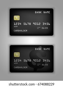 Vector set Realistic credit bank card mockup. Black gradient pattern. Sign, dollar
