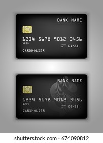 Vector set Realistic credit bank card mockup. Black gradient pattern. Sign, dollar