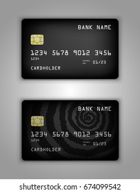 Vector set Realistic credit bank card mockup. Black gradient pattern. Rings, spiral, halftone