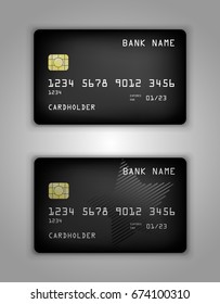 Vector set Realistic credit bank card mockup. Black gradient pattern. Sign, star, halftone