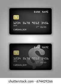 Vector set Realistic credit bank card mockup. Black gradient pattern. Sign, dollar