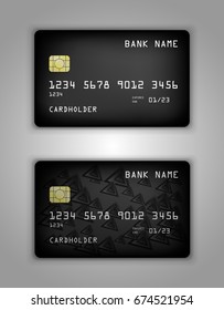 Vector set Realistic credit bank card mockup. Black gradient pattern. Sign, triangle, black