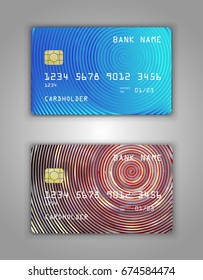 Vector set Realistic credit bank card mockup. Red, blue gradient spiral pattern.