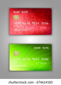 Vector set Realistic credit bank card mockup. gradient spiral pattern. Green, pink, red, green, Waves, Halfton, Flowers.