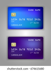 Vector set Realistic credit bank card mockup. Blue, purple, lilac, cold gradient spiral pattern