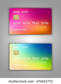 Vector set Realistic credit bank card mockup. gradient spiral pattern. Multicolor, rainbow colors, yellow, red, pink, green