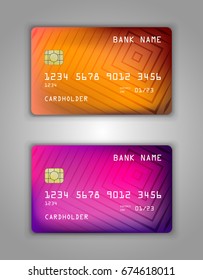 Vector set Realistic credit bank card mockup. gradient spiral pattern. Orange, pink, lilac, gradient spiral square pattern.