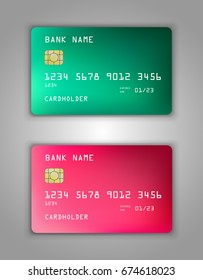 Vector set Realistic credit bank card mockup. gradient spiral pattern. Green, pink, red, green.