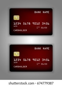 Vector set Realistic credit bank card mockup. Red, mesh, cold, purple streaming