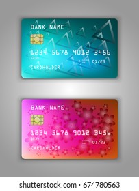 Vector set Realistic credit bank card mockup. Pine, viridan, aquamarine, red, green, Halfton Triangles flowers petals