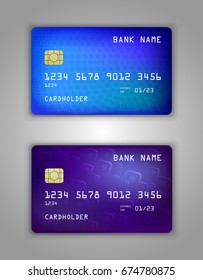 Vector set Realistic credit bank card mockup. Blue, square, purple, dots halftone