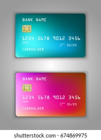 Vector set Realistic credit bank card mockup. Pine, viridan, aquamarine, red, green Halfton