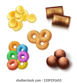 Vector set of realistic crispy breakfast cereals with colorful rings, corn pads, rings, balls and cornflakes isolated on white background