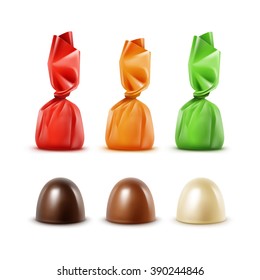 Vector Set of Realistic Dark Black Bitter White Milk Chocolate Candies in Colored Red Yellow Orange Green Glossy Foil  Wrapper Close up Isolated on White Background