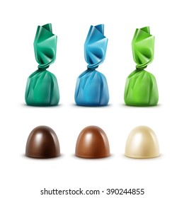 Vector Set of Realistic Dark Black Bitter White Milk Chocolate Candies in  Colored Green Blue Glossy Foil Wrapper Close up Isolated on White Background