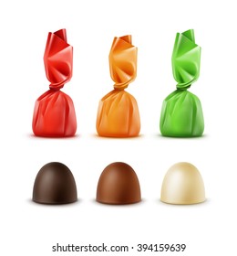 Vector Set of Realistic Dark Black Bitter White Milk Chocolate Candies in Colored Red Yellow Orange Green Glossy Foil  Wrapper Close up Isolated on White Background