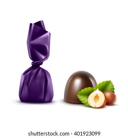 Vector Set of Realistic Dark Black Bitter Chocolate Candies with Hazelnuts in Foil Violet Glossy Wrapper Close up Isolated on White Background