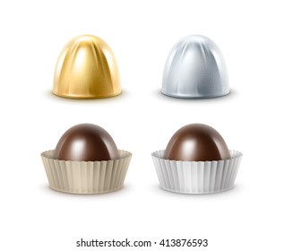 Vector Set of Realistic Dark Black Bitter Chocolate Candies in  Papper Golden Silver Glossy Foil Wrapper Close up Isolated on White Background