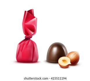 Vector Set of Realistic Dark Black Bitter Chocolate Candies with Hazelnuts in  Dark Pink Glossy Foil Wrapper Close up Isolated on White Background