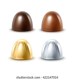 Vector Set of Realistic Dark Black Bitter Milk Chocolate Candies in  Golden Silver Glossy Foil Wrapper Close up Isolated on White Background