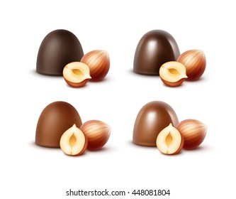 Vector Set of Realistic Dark Black Bitter Milk Chocolate Candies with Hazelnuts Close up Isolated on White Background