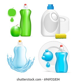 Vector set of realistic dishwashing liquid product icons isolated on white background. Plastic bottle label design. Washing-up liquid or dishwashing soap brand advertising templates.