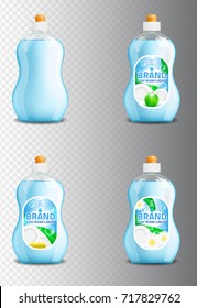 Vector set of realistic dishwashing liquid product icons isolated on background. Plastic bottle label design. Washing-up liquid or dishwashing soap brand advertising templates.