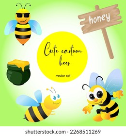 Vector set of realistic elements cute cartoon bees in different poses, honey pot, wooden plate with text