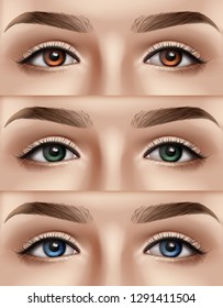 Vector set of realistic female face with blue, green and brown eyes and eyebrows. Concept of contact lenses of  different colors