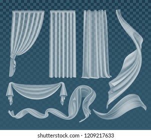 Vector set of realistic fluttering translucent white cloths, soft lightweight clear material and curtains isolated on transparent background
