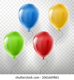 Vector set of realistic flying helium balloons, multicolored, red, yellow, green and blue, isolated on transparent background. Clipart with decorative objects for holidays, birthday, parties, events